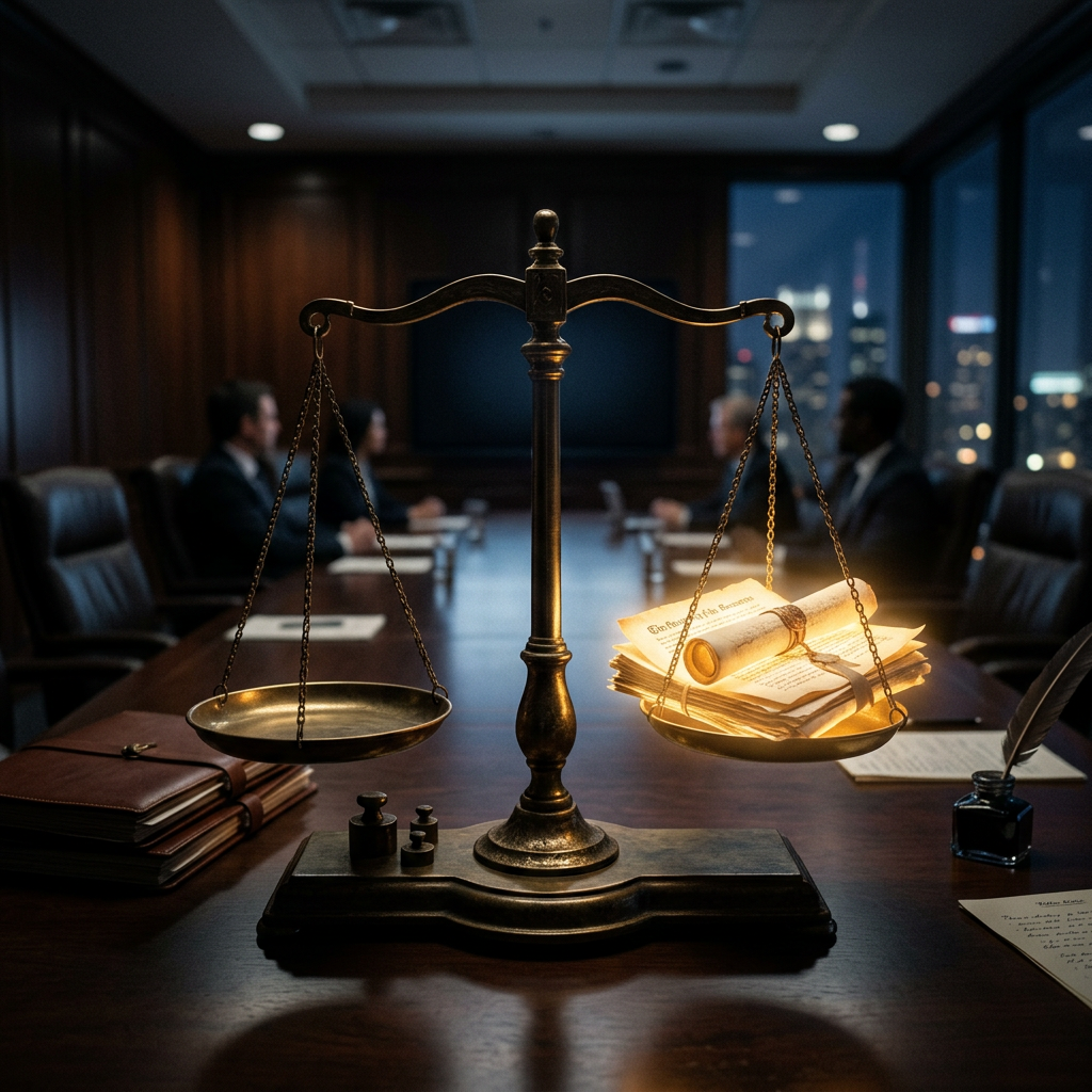 Scales of justice with legal documents in office conference room