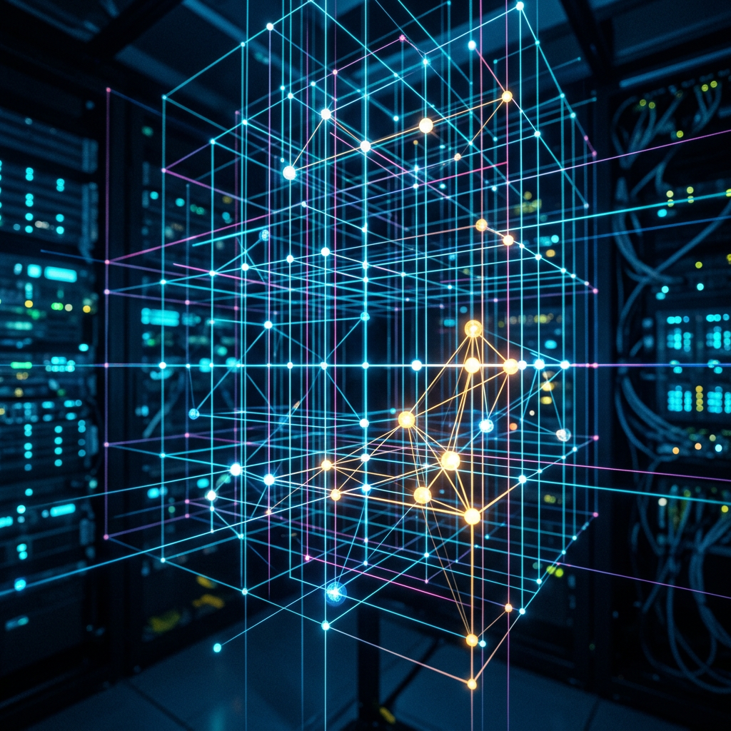 3D grid with glowing nodes and lines visualizing data connections against server racks