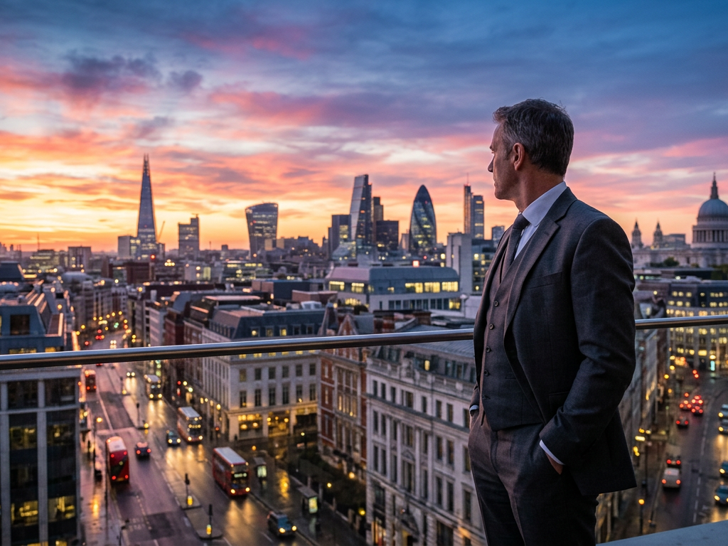 Man in suit looking at London skyline with The Shard and St. Paul's Cathedral at sunset