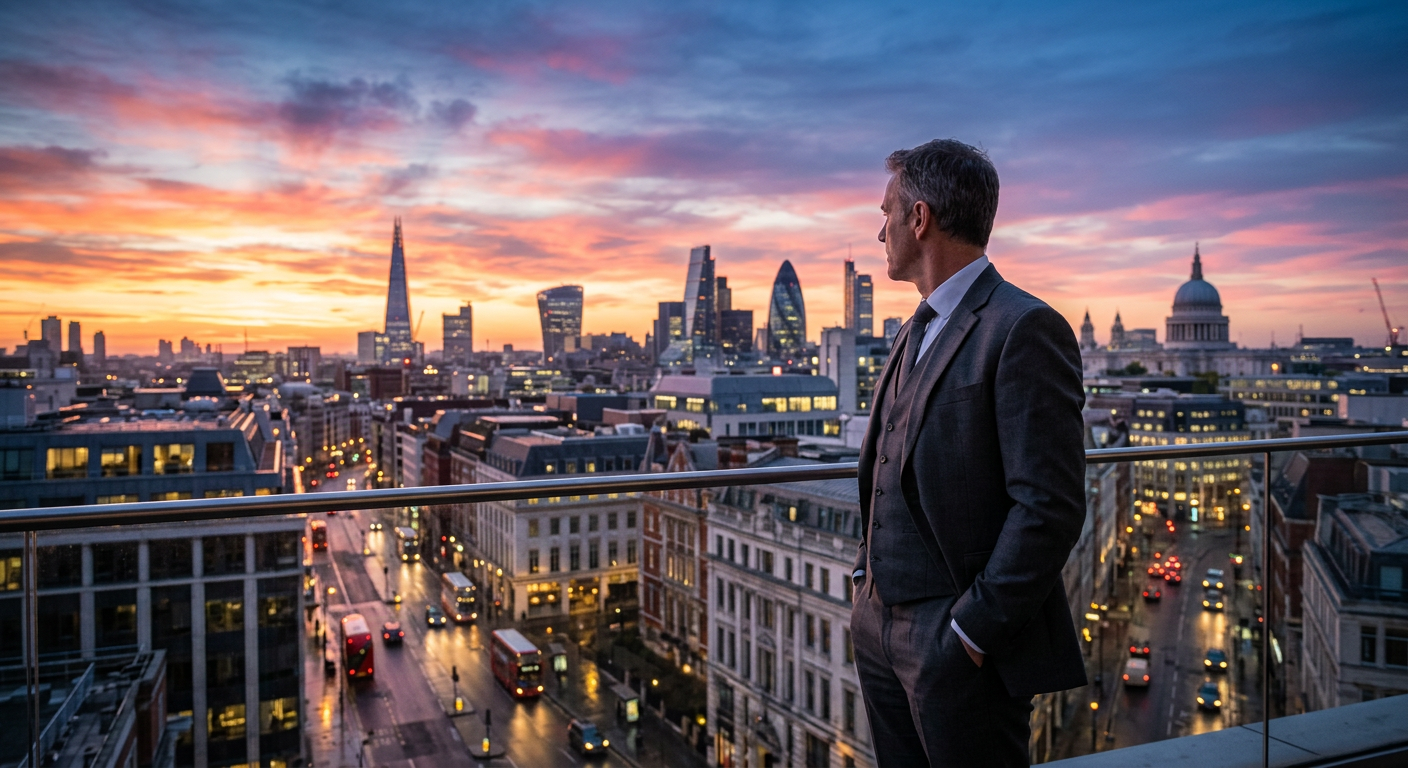 Man in suit looking at London skyline with The Shard and St. Paul's Cathedral at sunset
