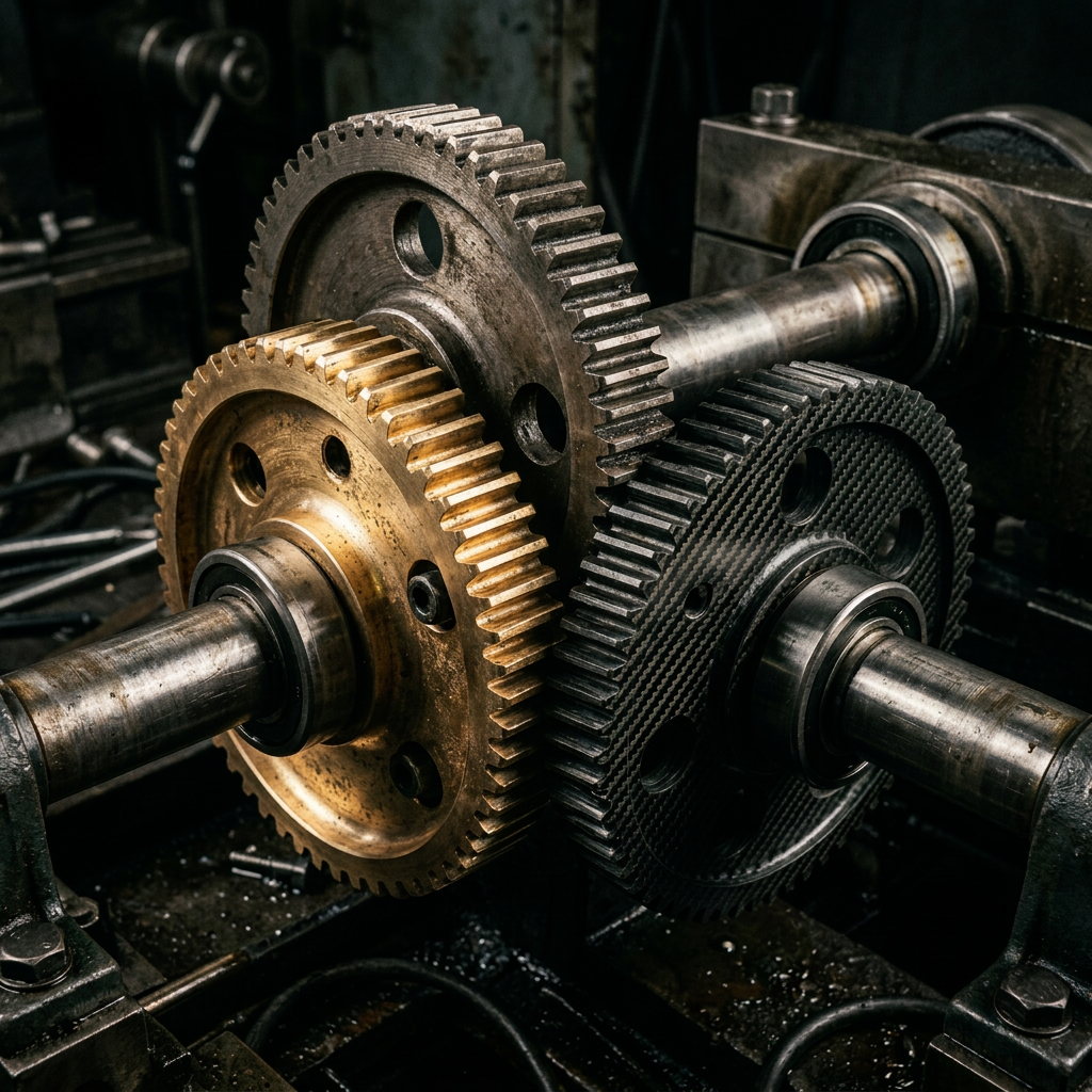 Three interlocking metal gears mounted on metal shafts within machinery