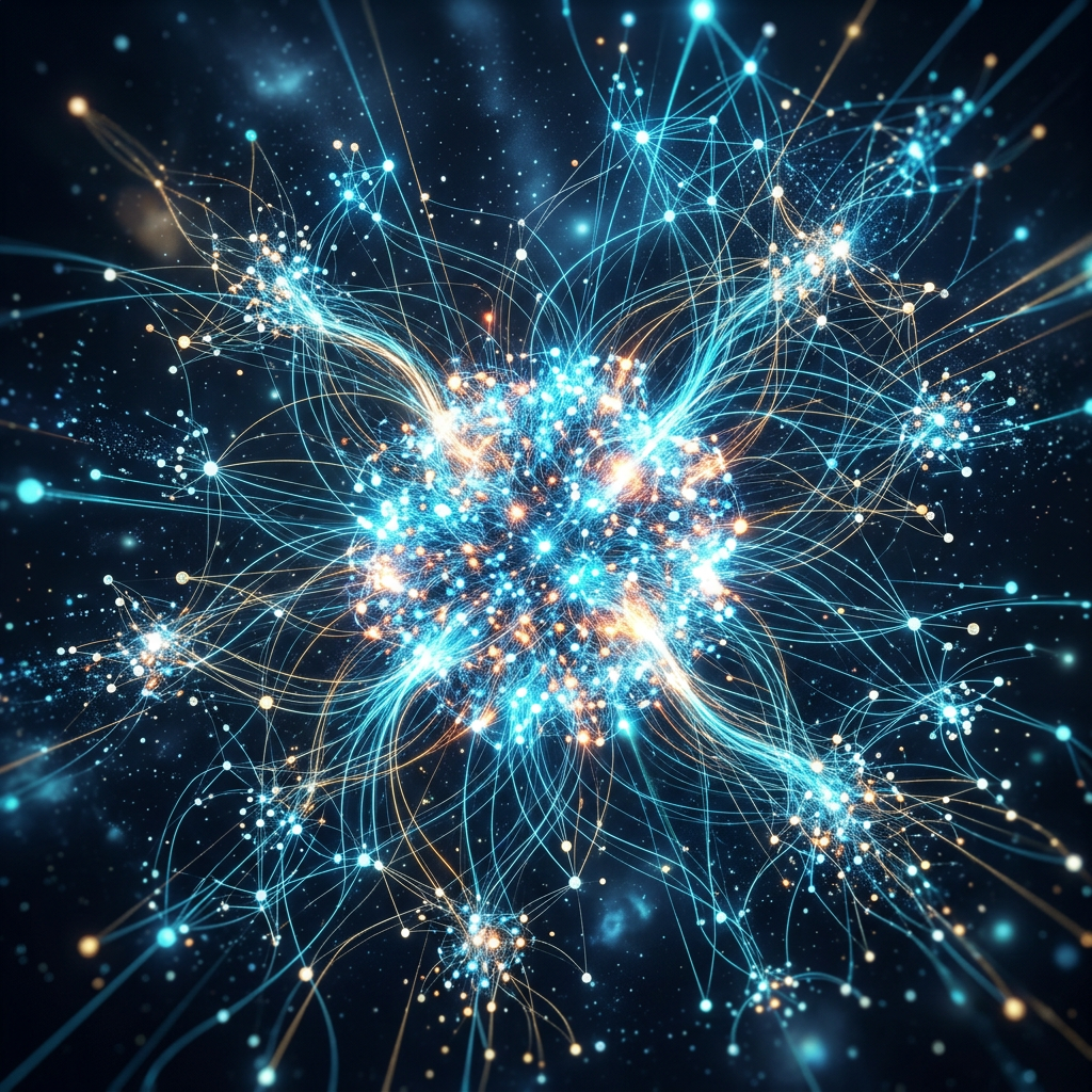 Complex neural network with glowing blue and orange nodes connected by bright lines