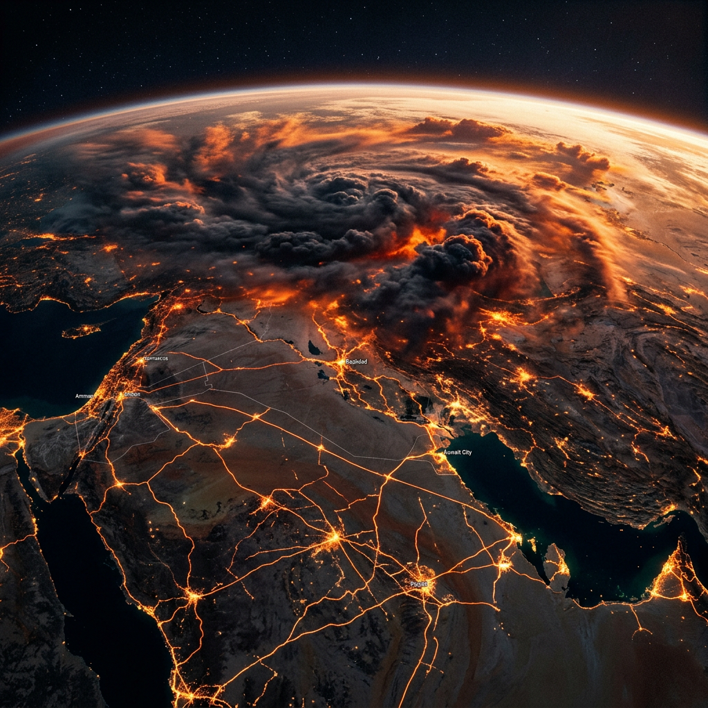 Satellite image of a large swirling storm over the Middle East with glowing orange lights along roads and cities