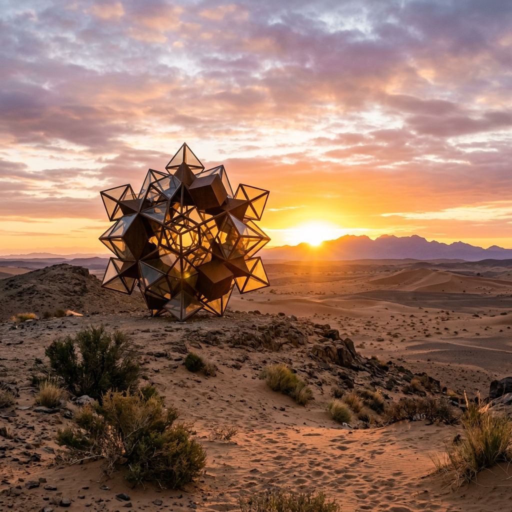 Geometric metal and glass sculpture on desert hill during sunset