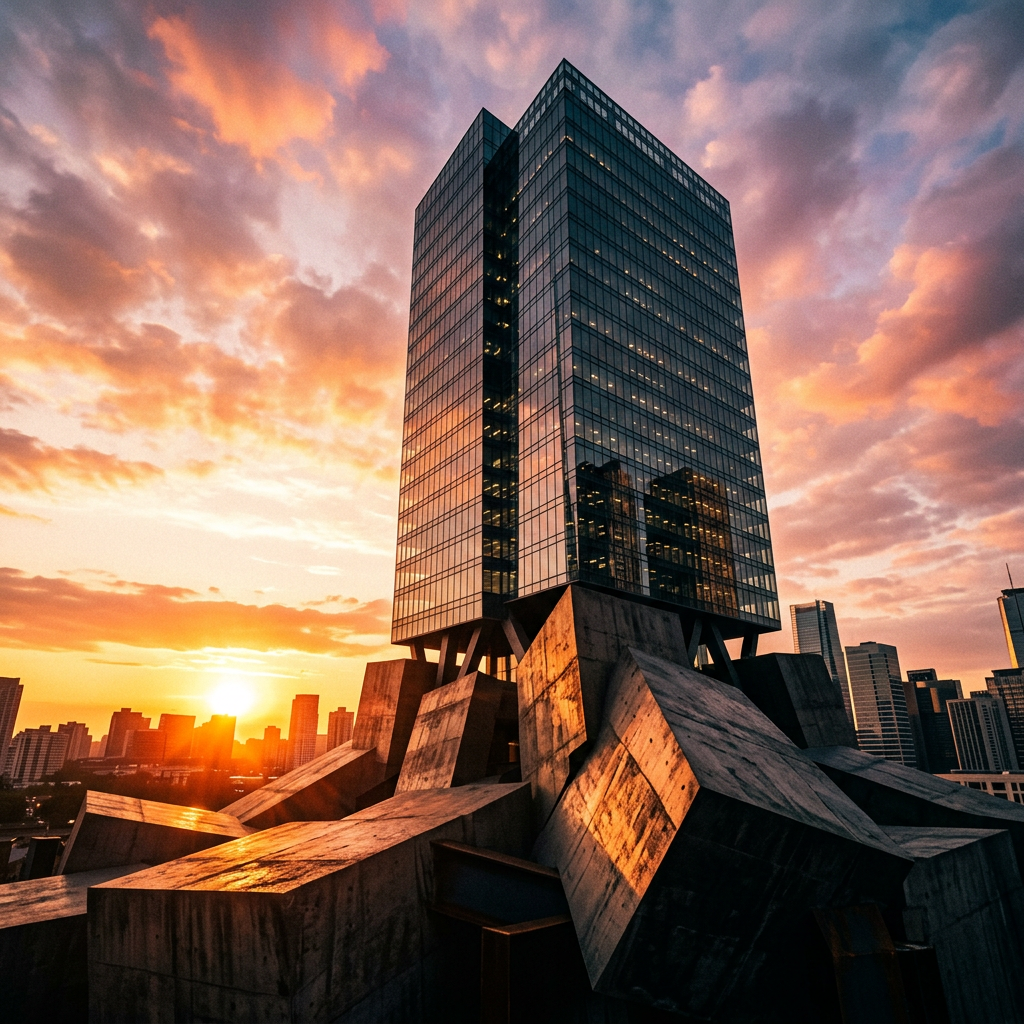 Tall glass skyscraper above concrete geometric base at sunset with city skyline