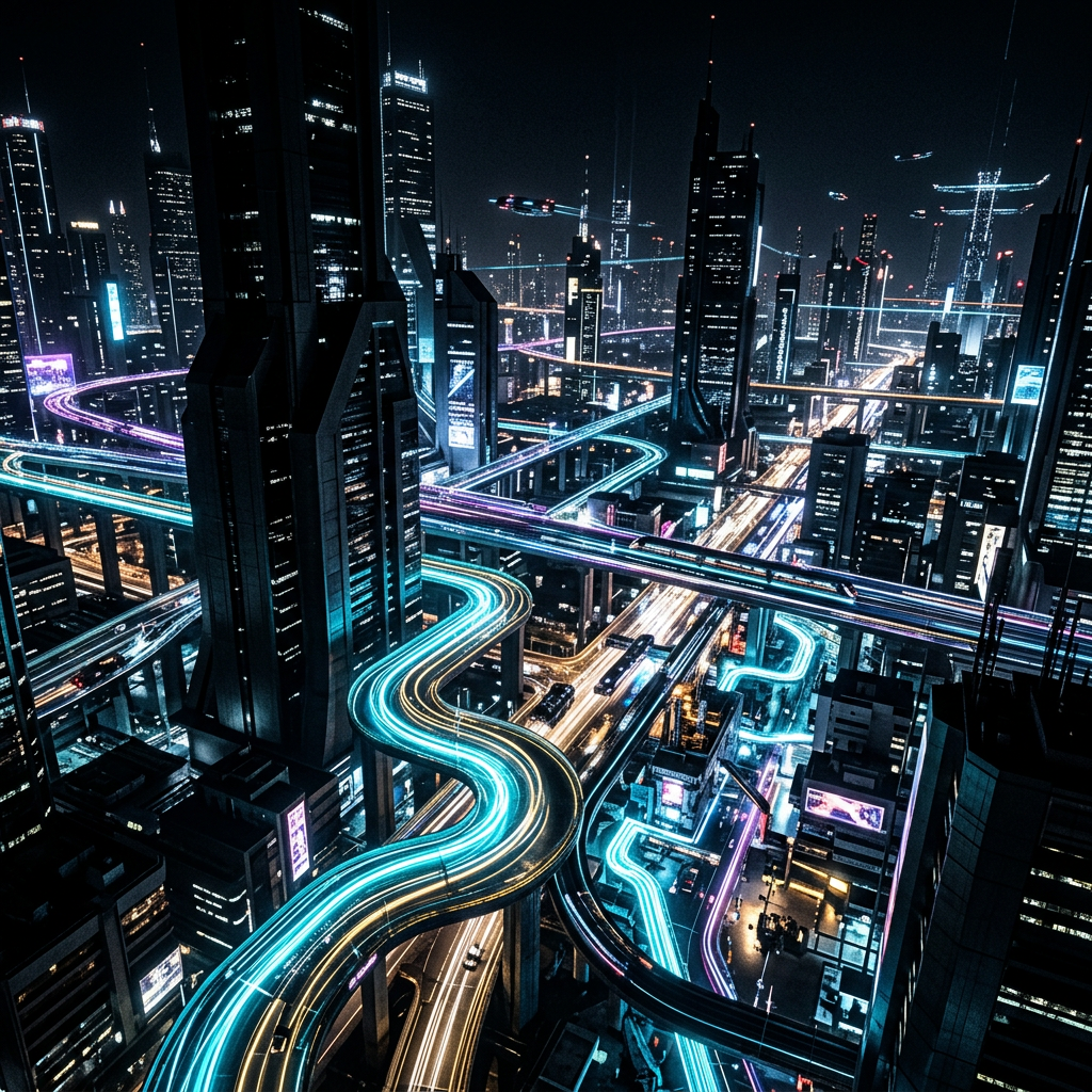 Increase contrast of futuristic data pathway cityscape
