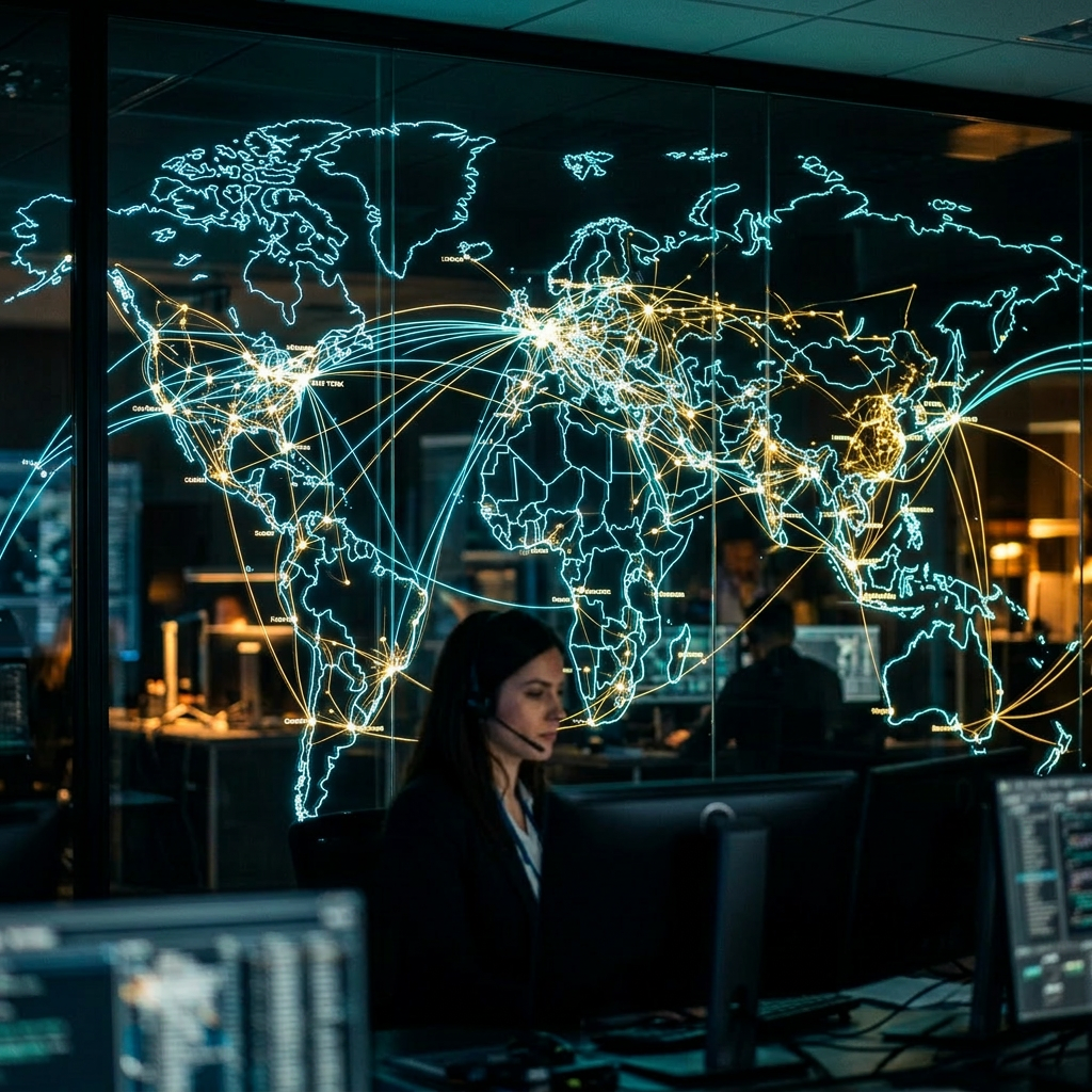 Network operator working with headset in front of digital world map showing global data connections