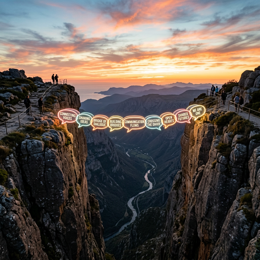 Mountain gorge at sunset with speech bubbles illustrating connection phrases bridging the gap