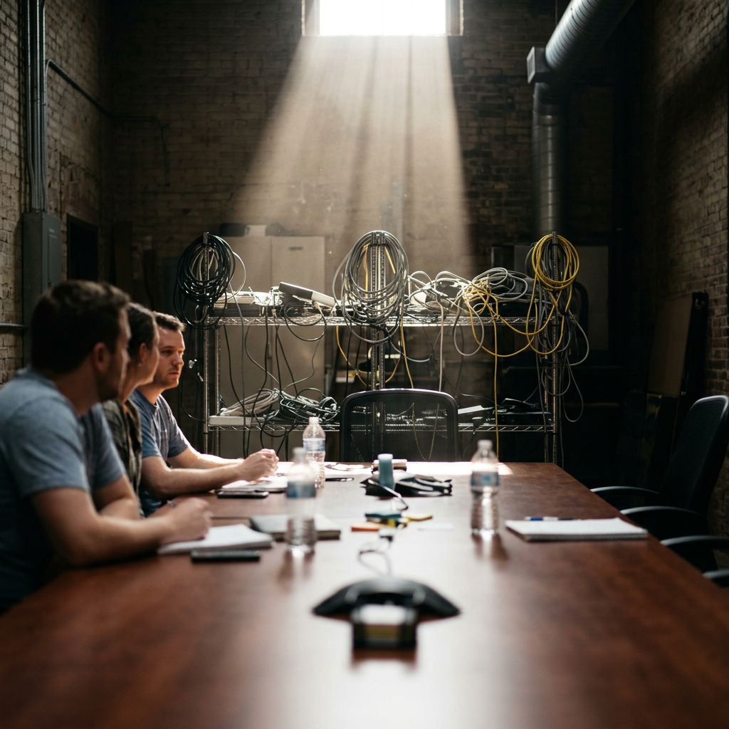 Three people sitting at a long wooden table with notebooks and water bottles in an industrial room with brick walls and coiled cables on a metal shelf
