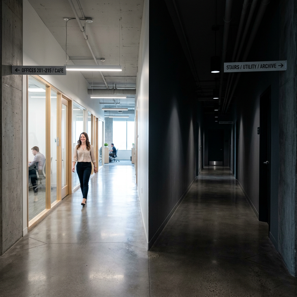 Bright office corridor with people working and a woman walking, next to a dark hallway for stairs and archive