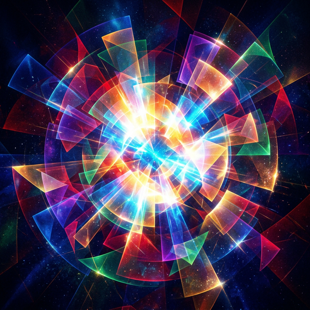 Bright multicolored overlapping translucent geometric shapes forming a luminous explosion in cosmic space