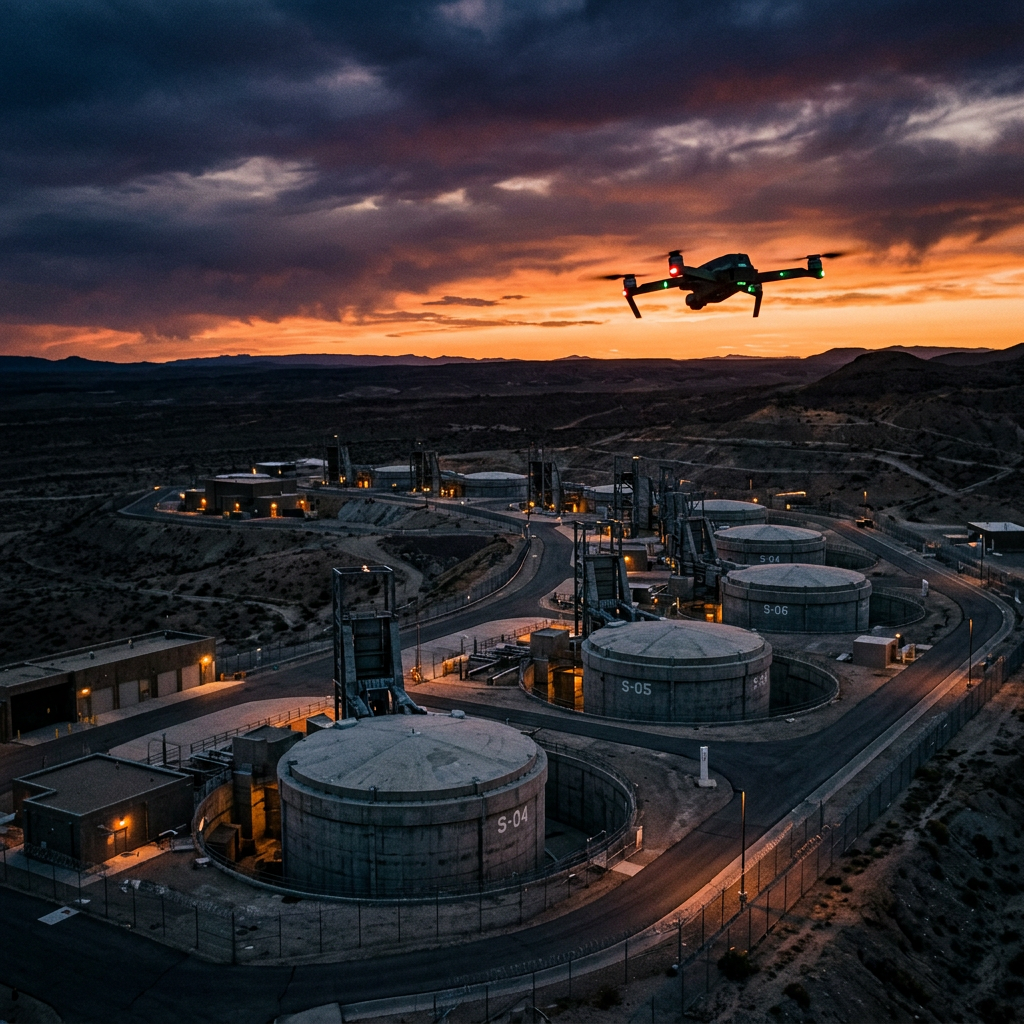 Drone flying over industrial storage tanks under a colorful sunset sky