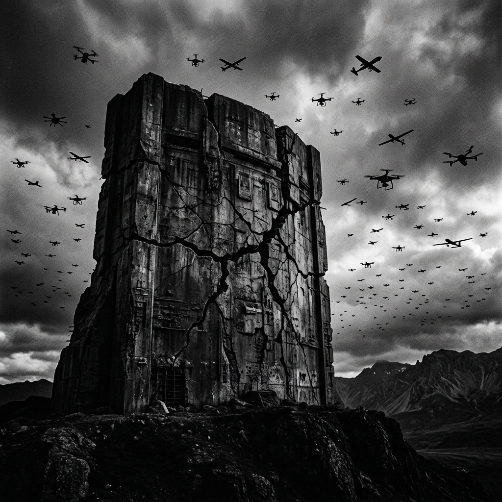Cracked ancient monolith on rocky hill with numerous drones and small planes flying overhead in cloudy sky