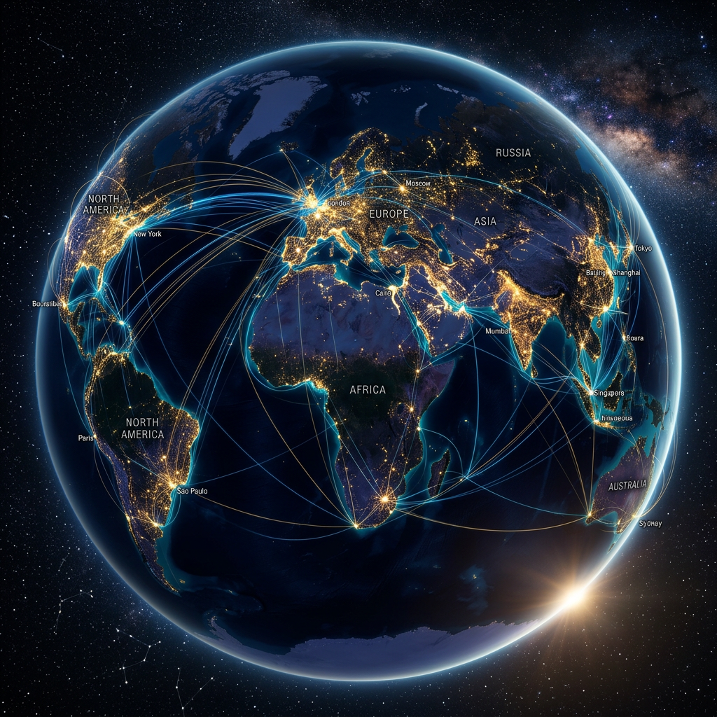 Globe with illuminated major cities and lines indicating global network connections