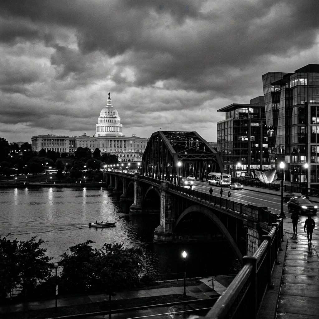 U.S. Capitol dome at dusk with a bridge and traffic in foreground