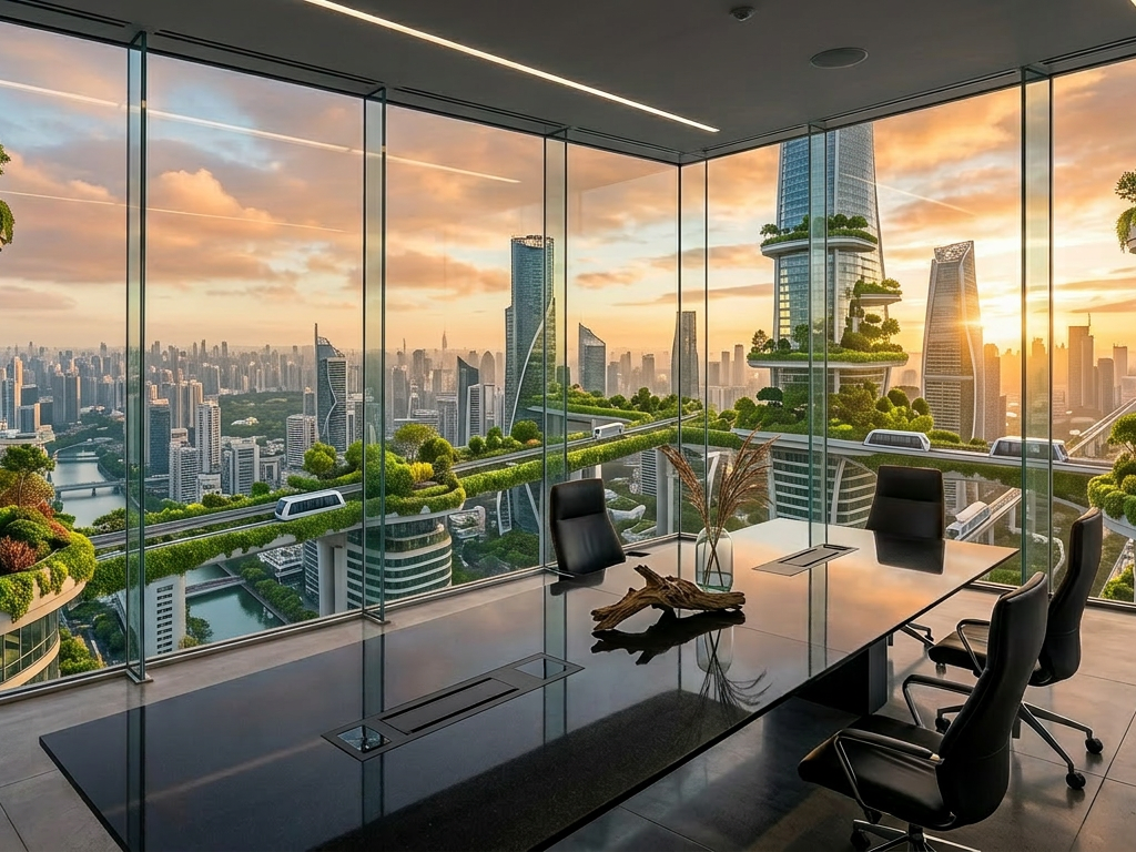 Office interior with glass walls overlooking futuristic skyscrapers with greenery and elevated transit