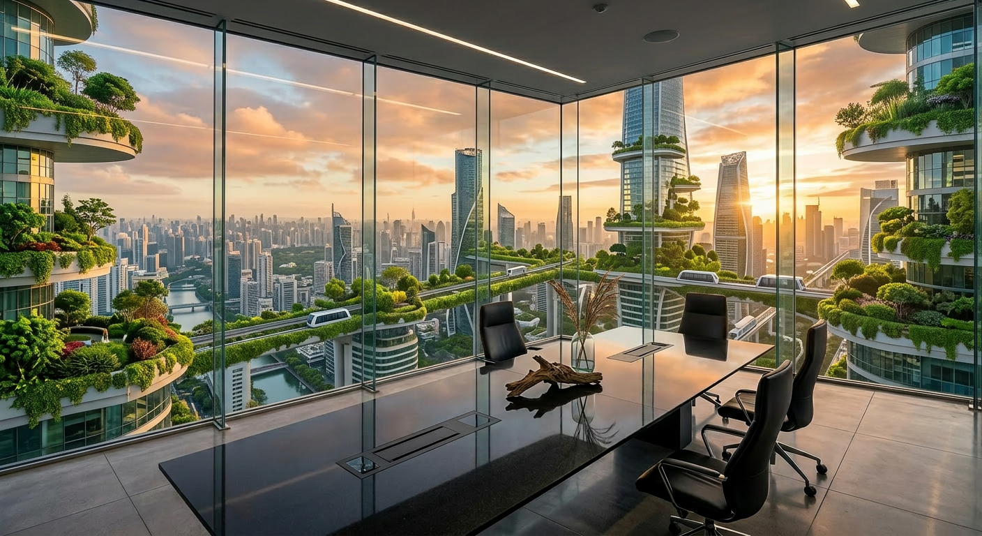 Office interior with glass walls overlooking futuristic skyscrapers with greenery and elevated transit