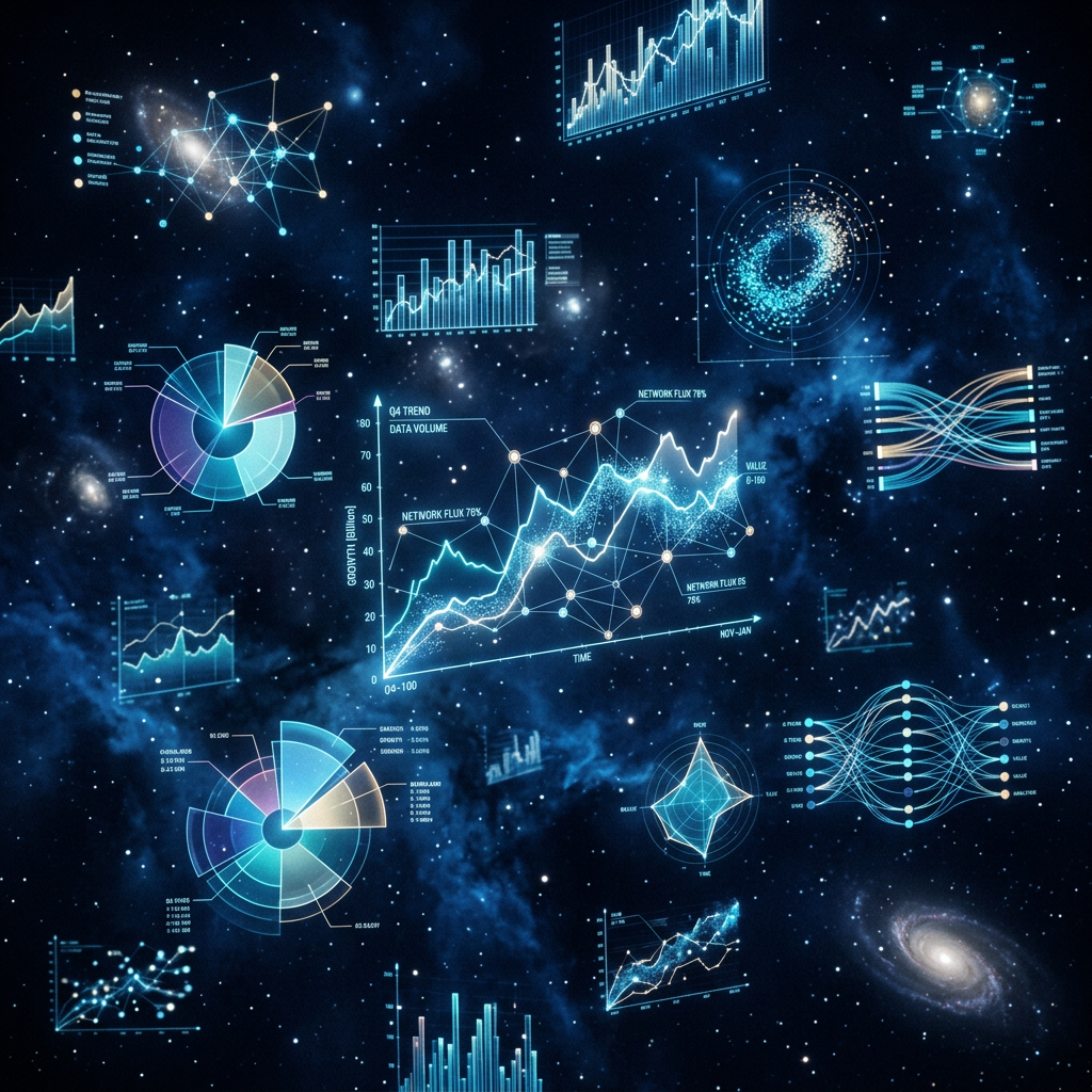 Various futuristic data visualizations and graphs floating in a space-themed background