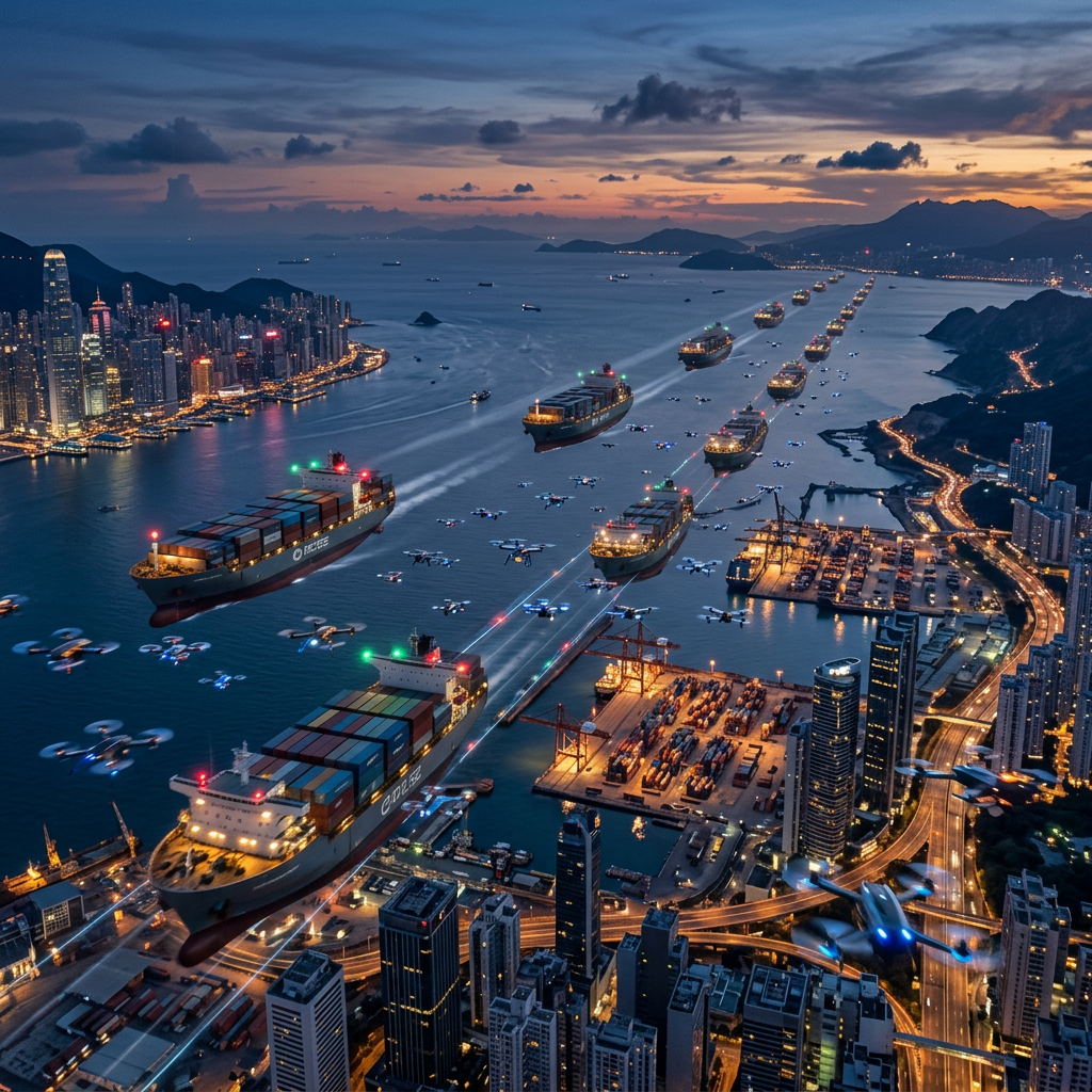 Cargo ships escorted by multiple drones above a harbor near a city at dusk.