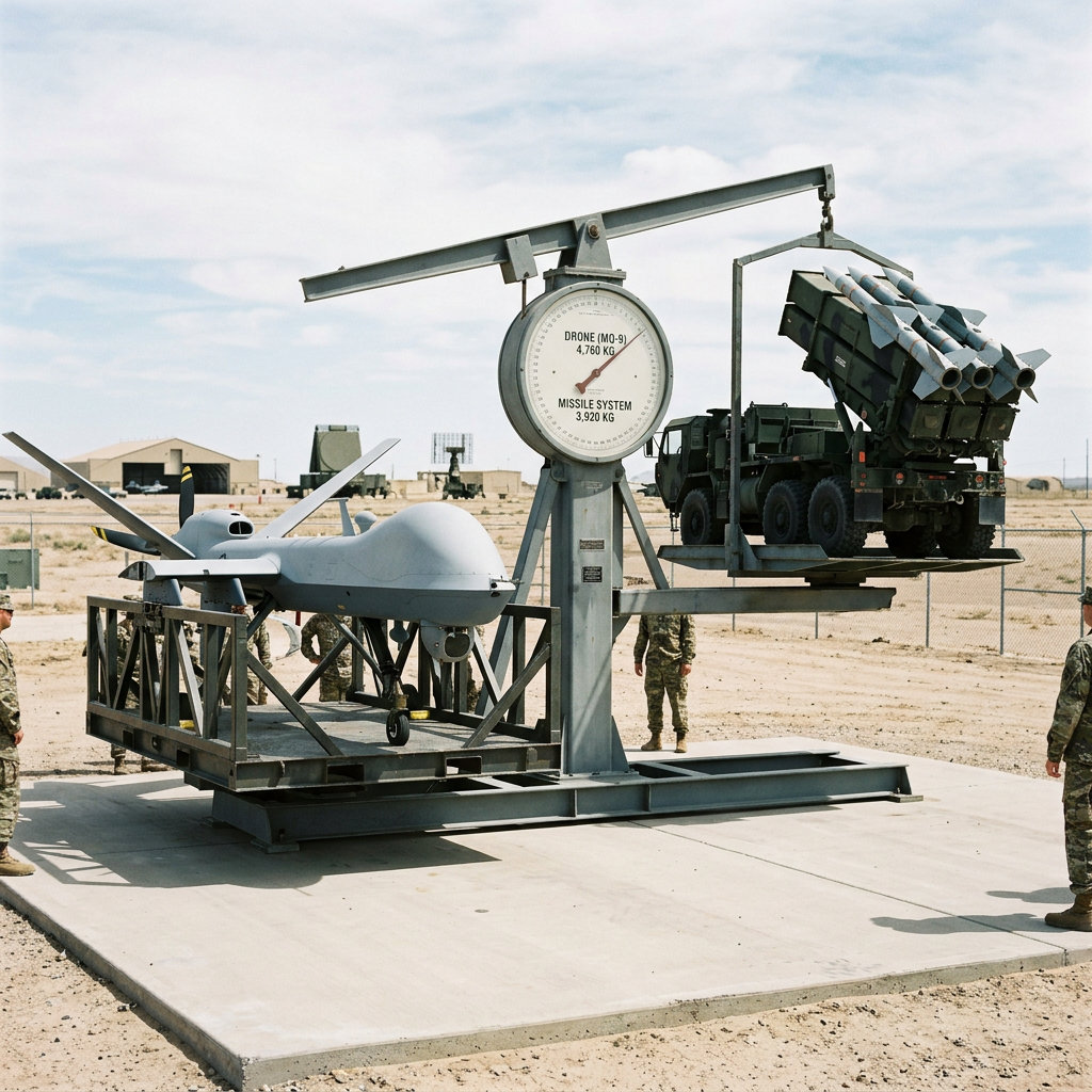 Balance scale with MQ-9 drone on one side and missile system with rockets on the other side