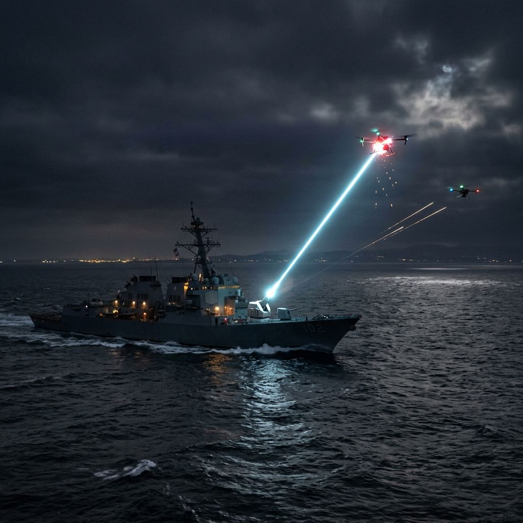 Naval ship firing a laser beam at flying drones over water at night