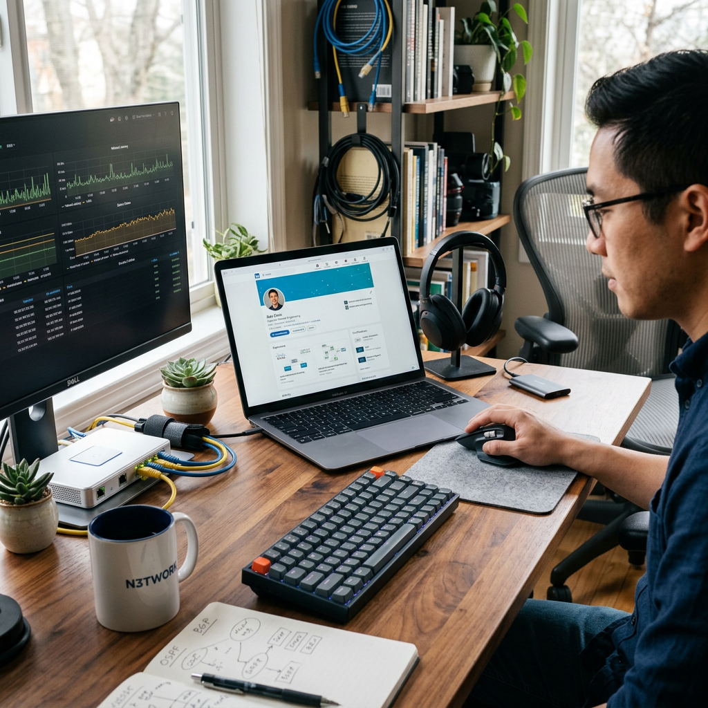 Person at desk using laptop and large monitor displaying data analytics dashboards