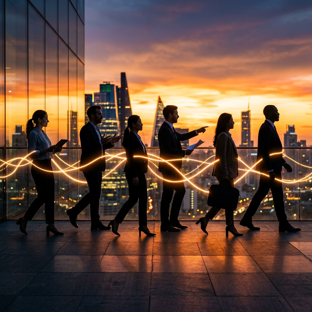 Business professionals walking on rooftop with sunset city skyline and glowing wave