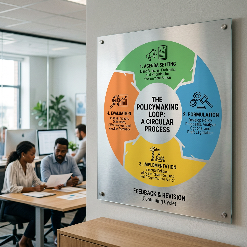 Circular infographic showing four policymaking stages: agenda setting, formulation, implementation, evaluation