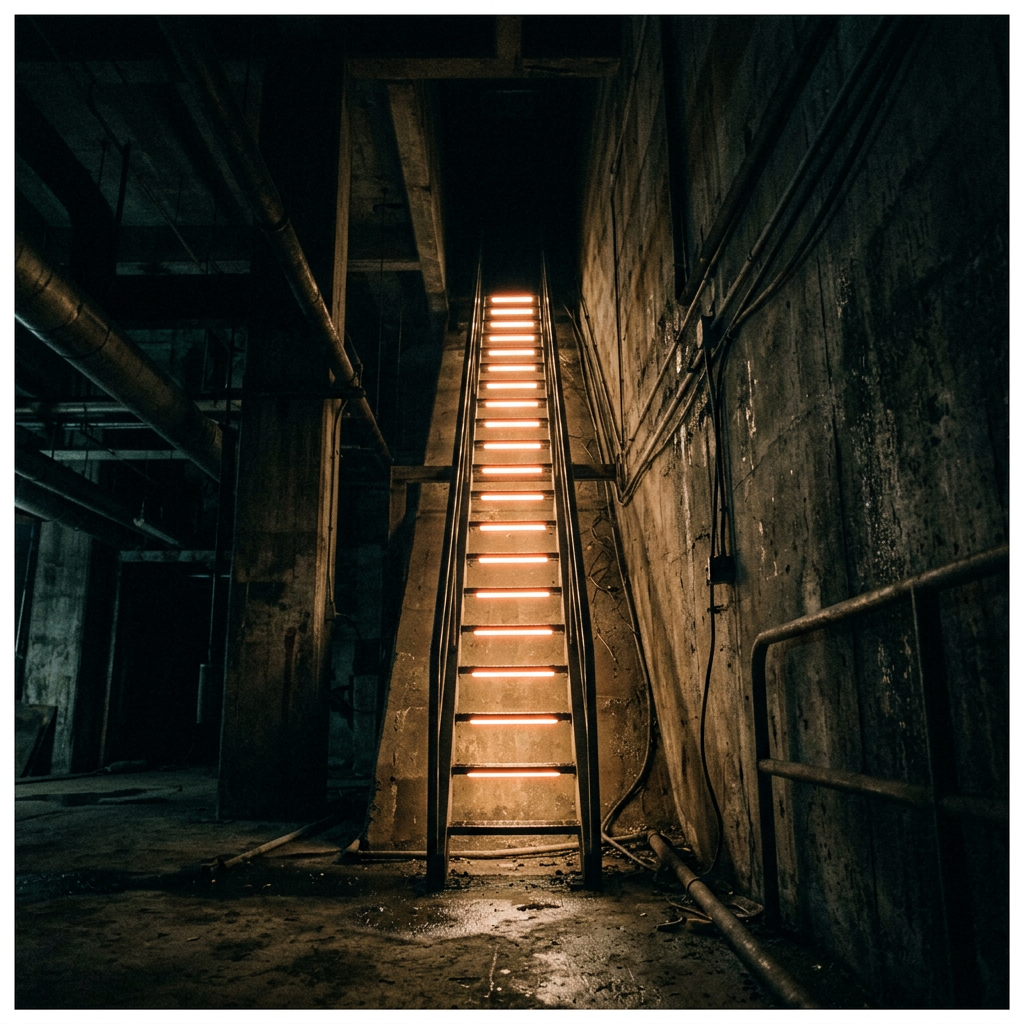 Narrow stairway with illuminated steps leading upward in a dim, concrete industrial basement