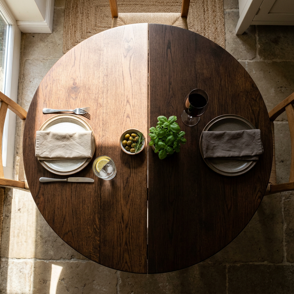 Round table with two place settings on contrasting light and dark wood halves