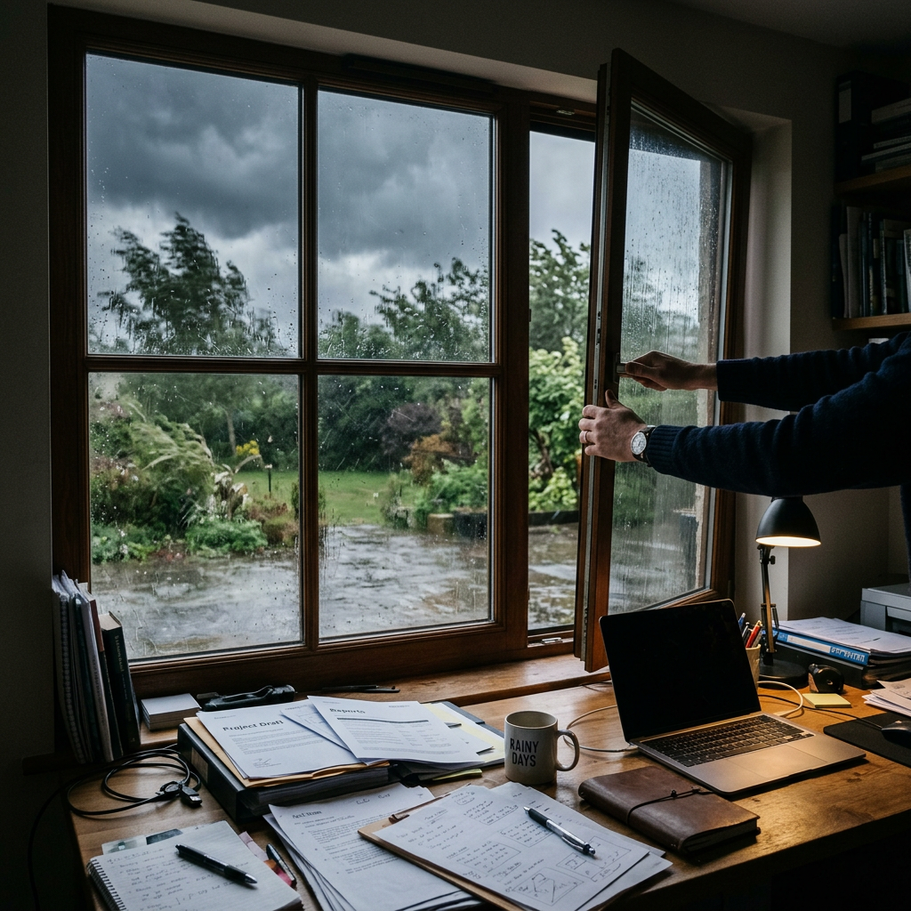 Person opening a window in a home office with a rainy garden view