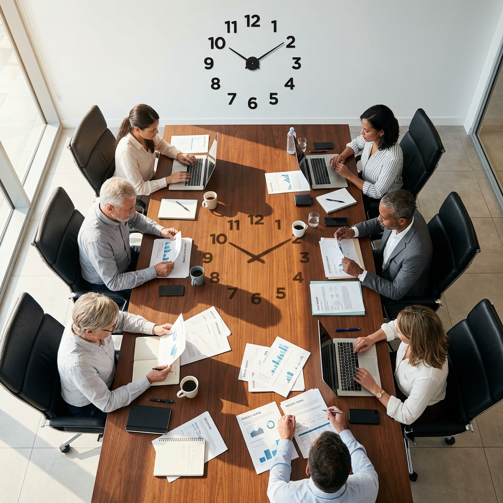 Business meeting with diverse team discussing reports and laptops around a table with clock projection