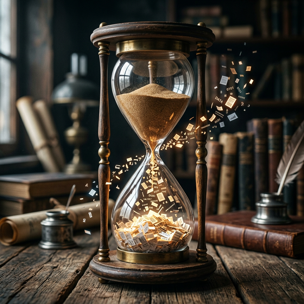 Antique hourglass with sand transforming into floating data symbols above a wooden desk