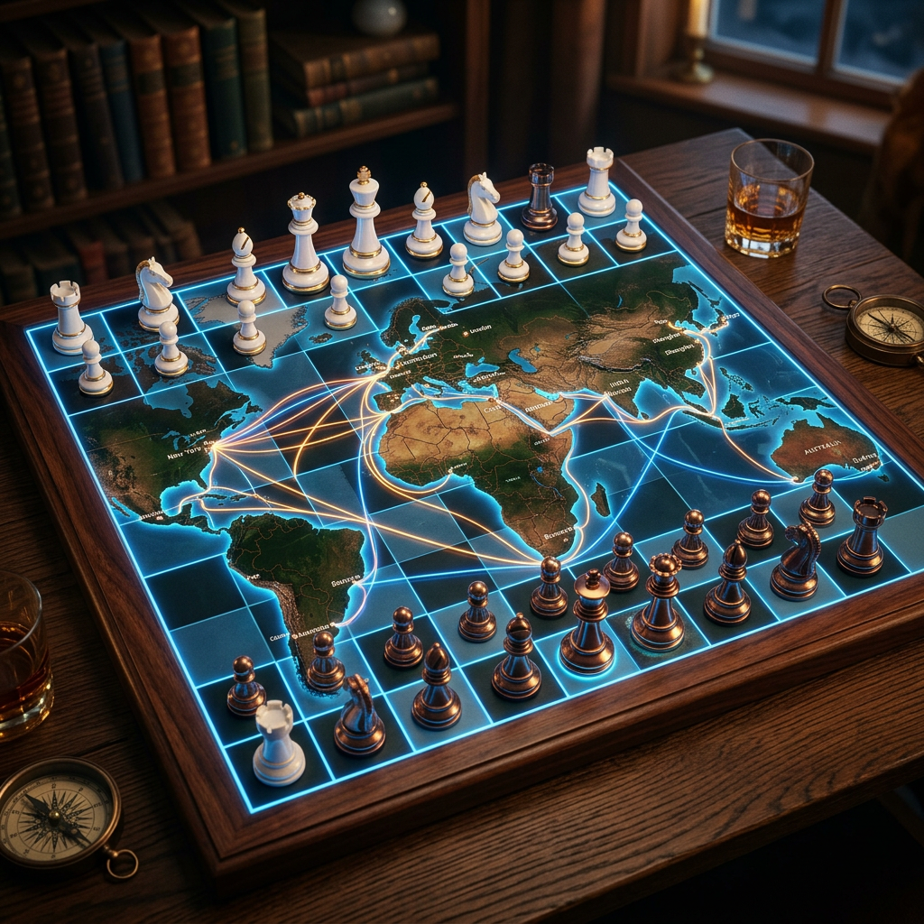 Chessboard displaying a world map with glowing lines representing trade routes and chess pieces arranged on it