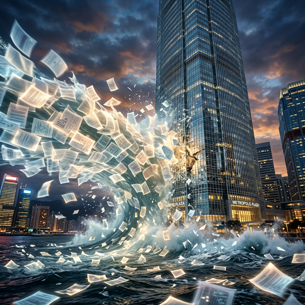 Wave composed of glowing papers crashing by Metropous Plaza skyscraper in city at sunset