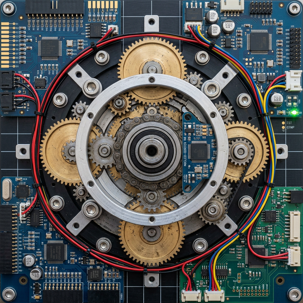Mechanical gears and electronics circuit board with wires