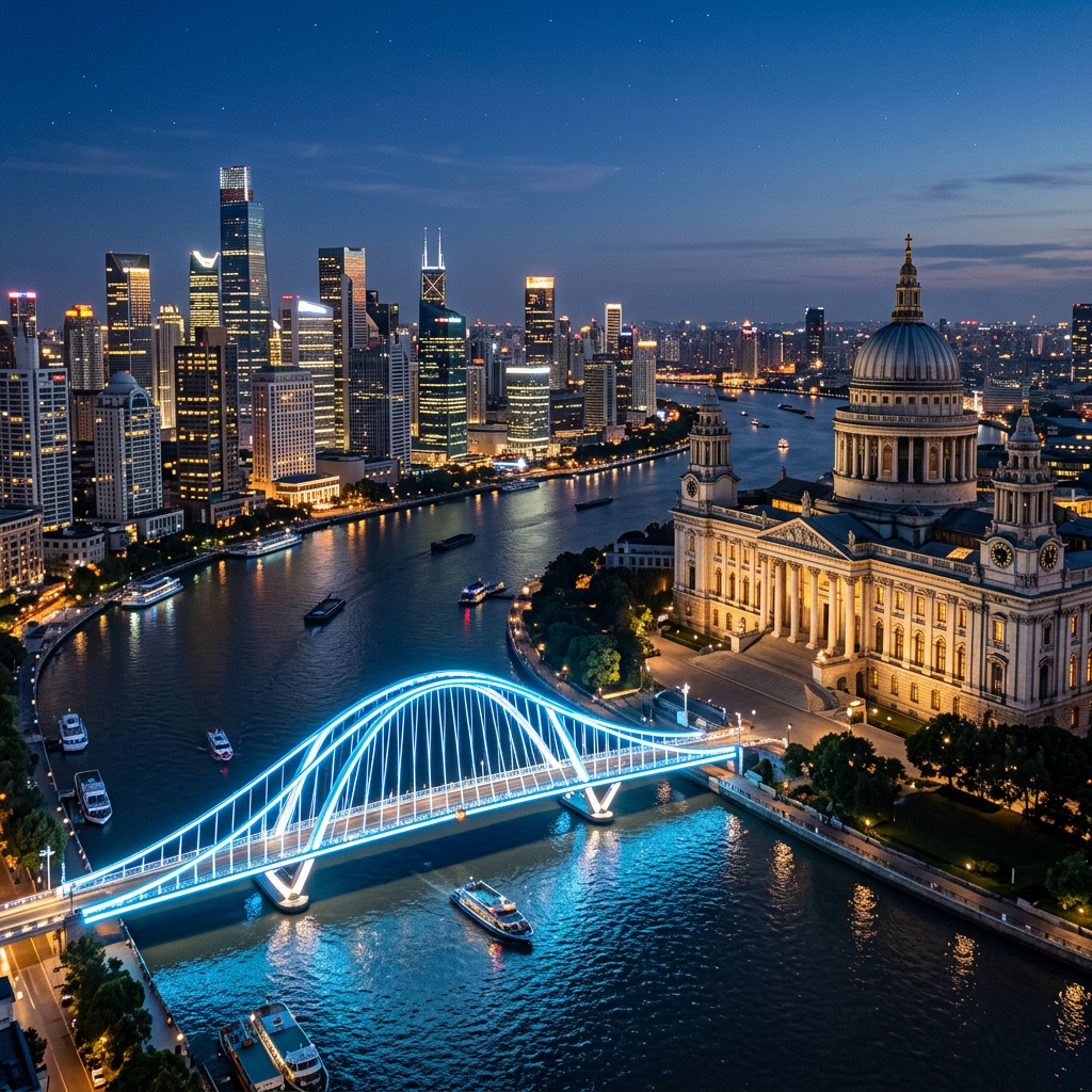 Nighttime city skyline with illuminated riverbridge and domed historic building
