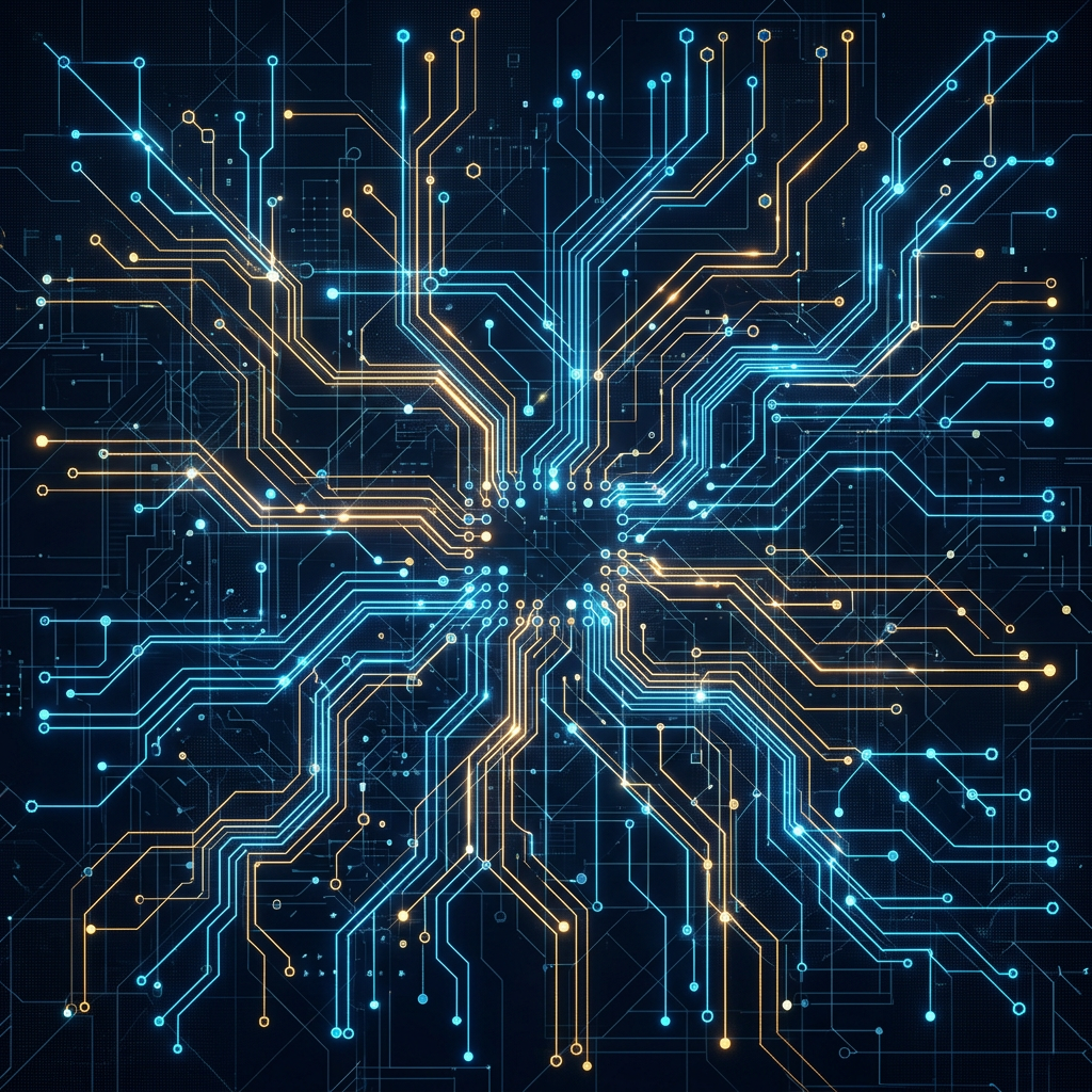 Interconnected blue and orange digital circuit pathways forming a complex network