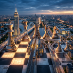 Cityscape with giant chess pieces serving as buildings, bridges, and transportation infrastructure over a river