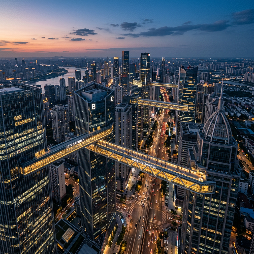 Skywalks connecting skyscrapers over a busy city street at dusk