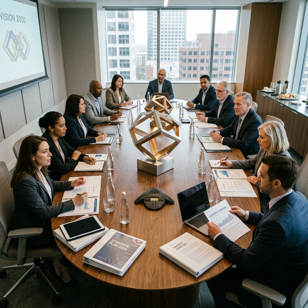 Business professionals in a meeting room discussing strategic plans
