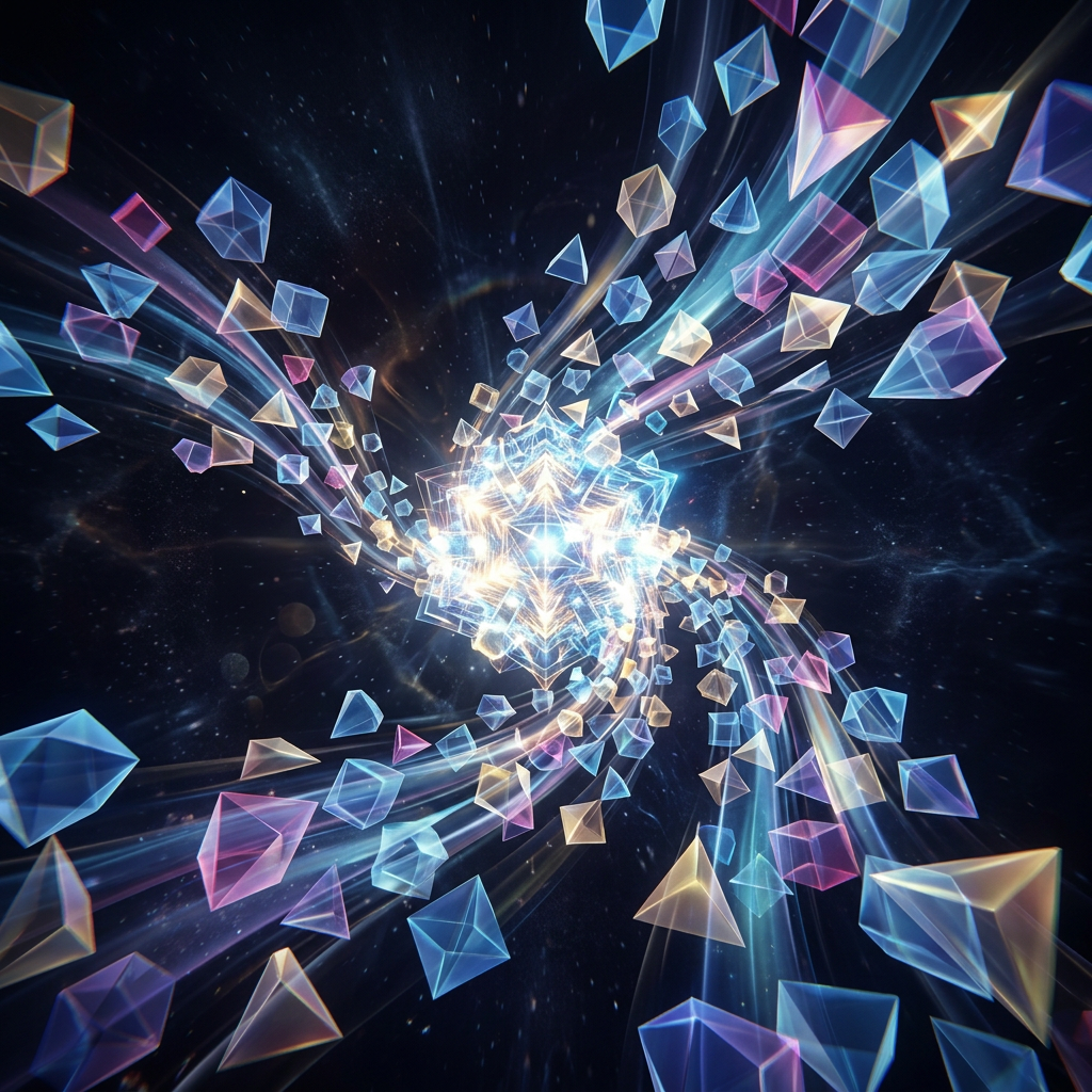 Multicolored glowing geometric shapes spiraling into a vortex in space
