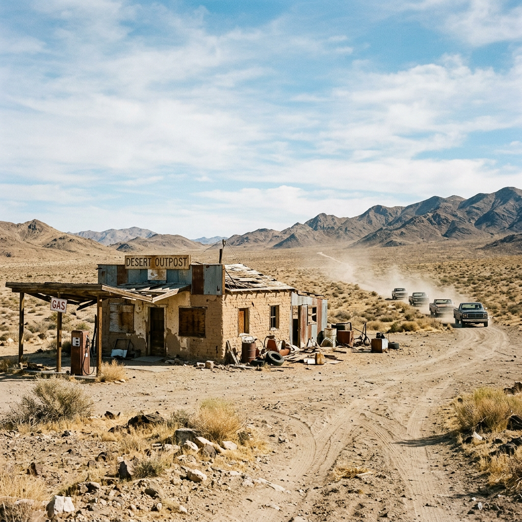 Desert outpost building with gas pump and four trucks driving on dusty road.