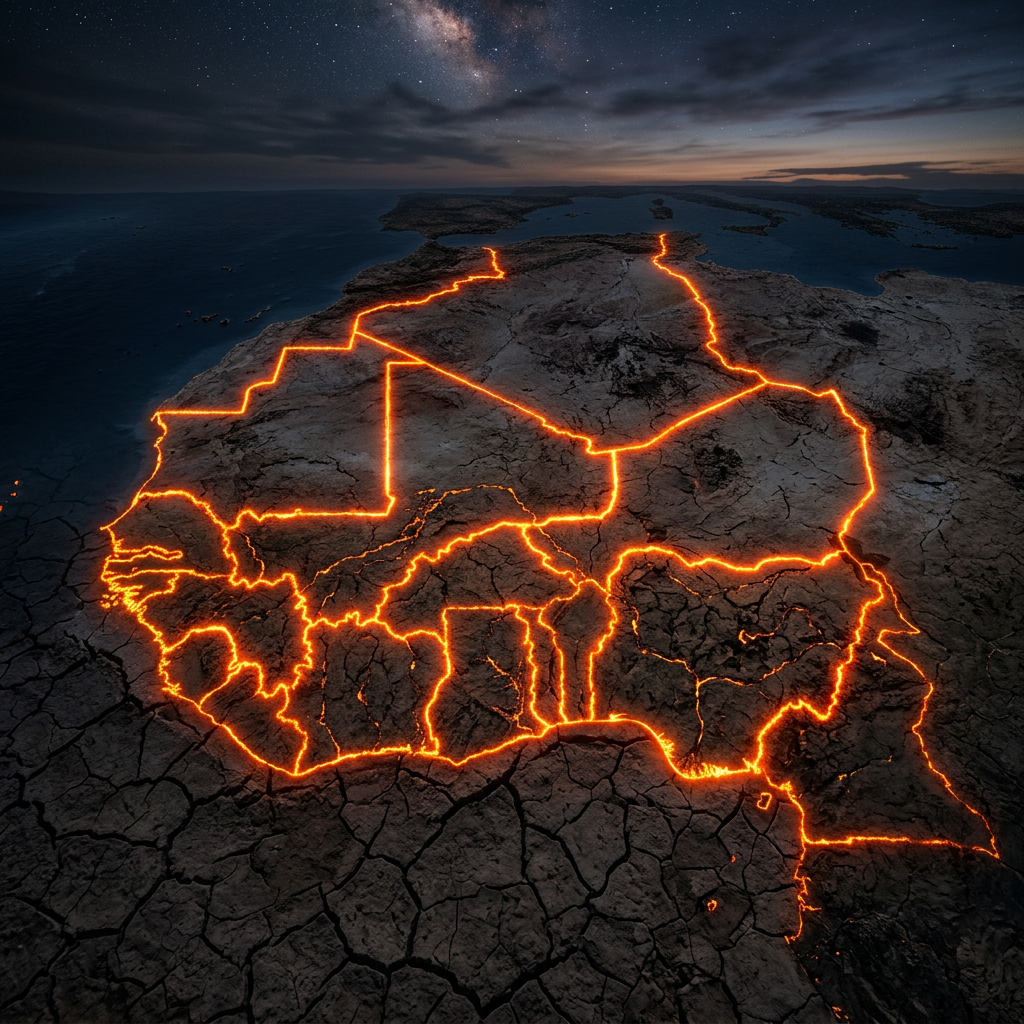 Map of West Africa at night showing country borders illuminated with glowing fiery lines