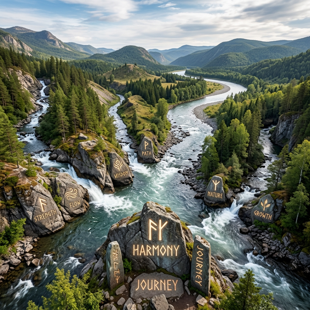 Runic stones with words like Harmony, Journey, Strength, Flow, Wisdom along a winding mountain river