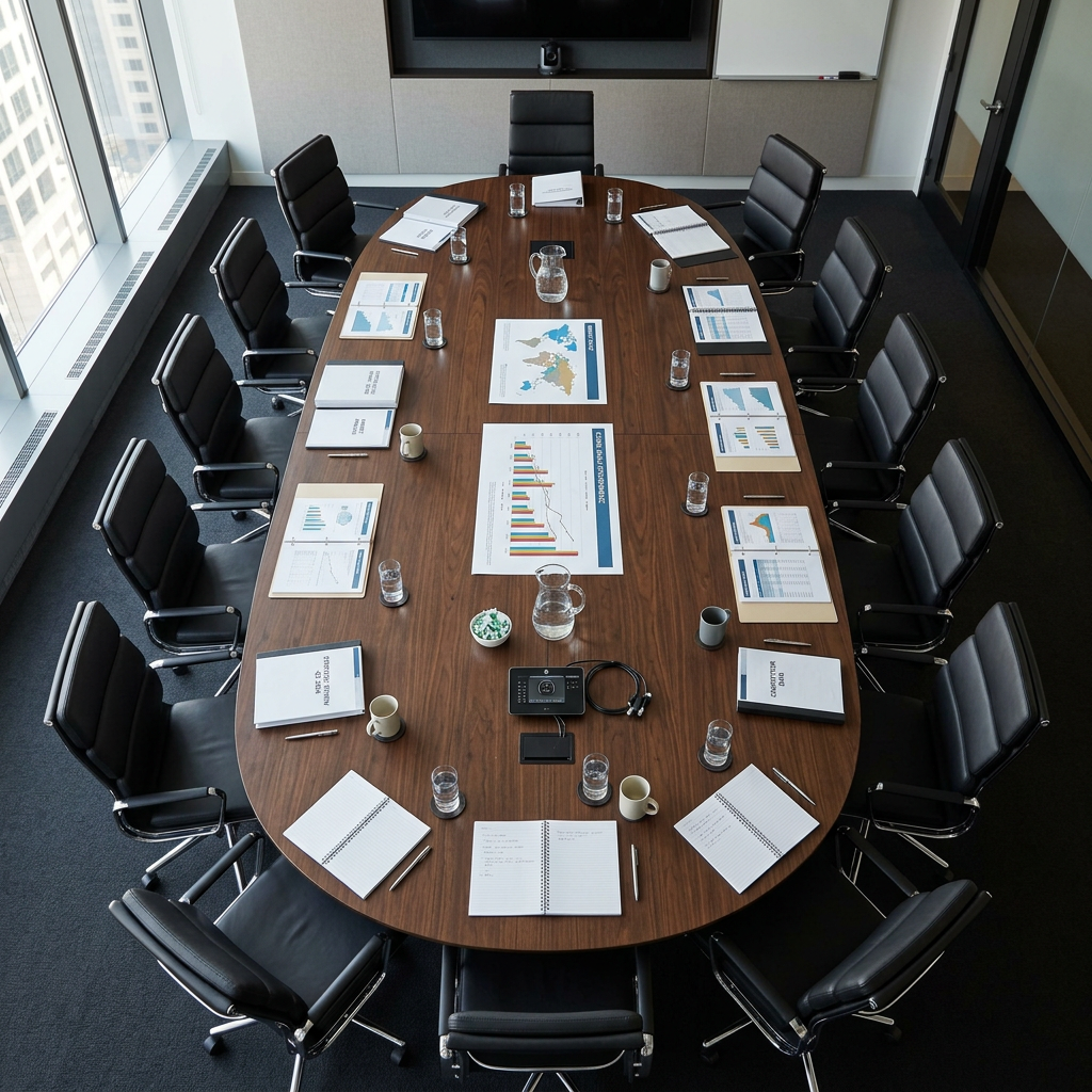 Conference table with business reports, notebooks, glasses, and chairs in an office room