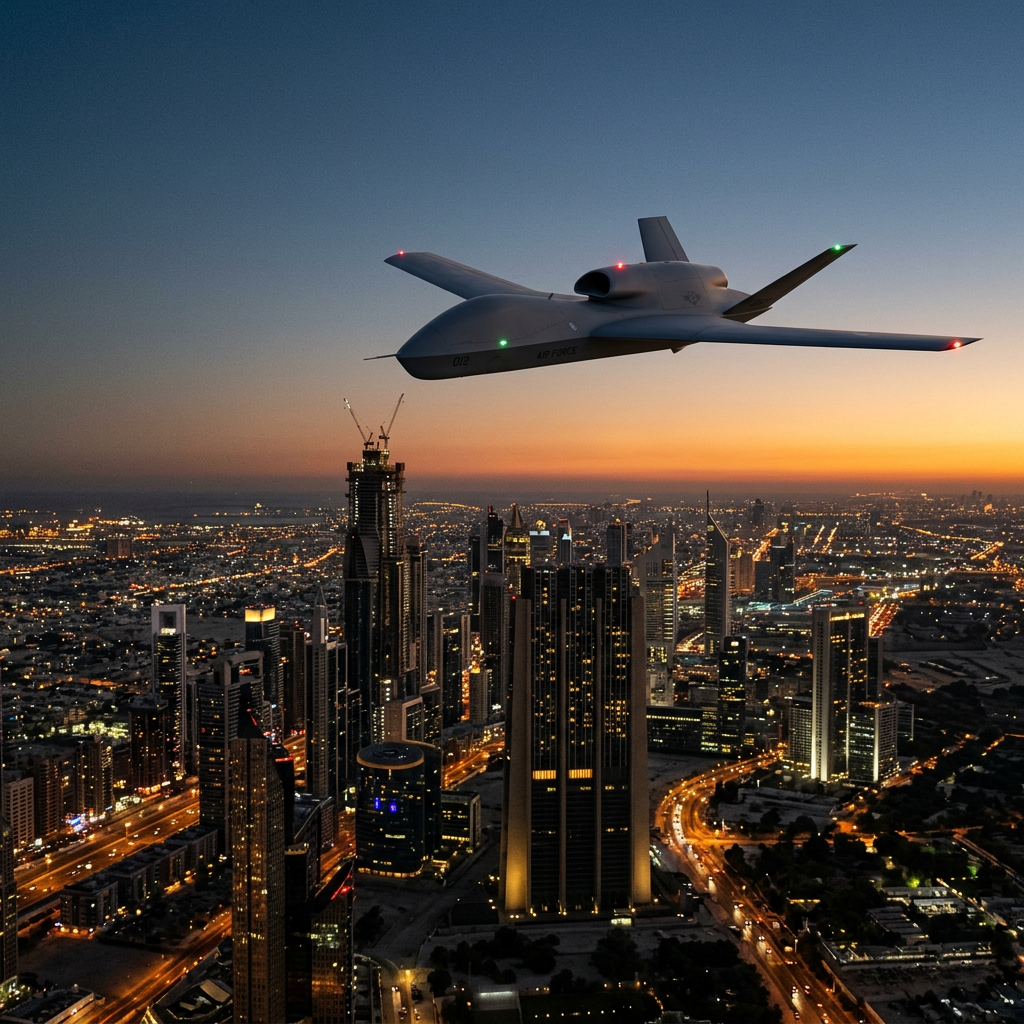 Air Force drone flying over a city skyline at dusk with illuminated buildings