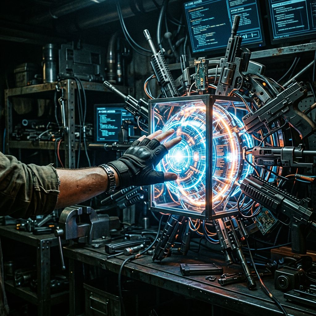 Gloved hand reaching toward a holographic blue and orange circular interface with guns mounted around it in a dark workshop.