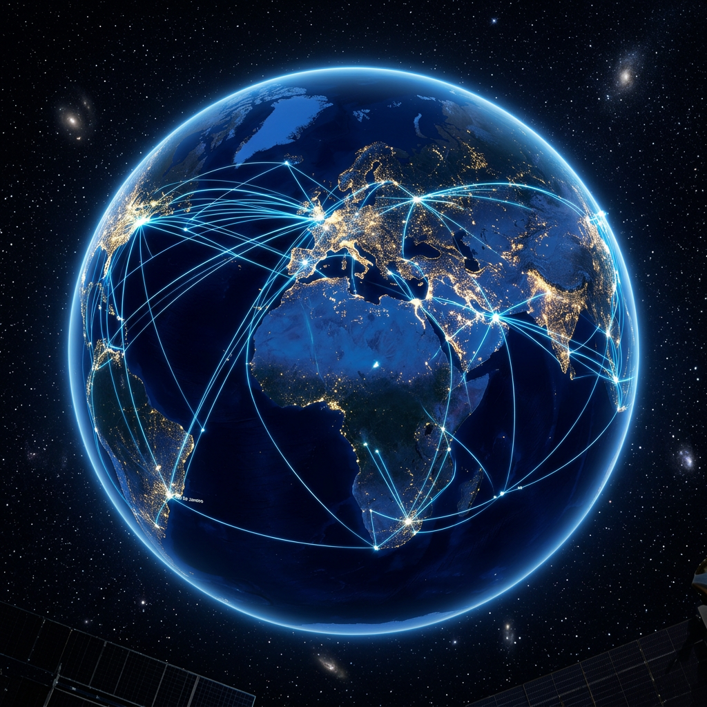 Earth at night showing illuminated cities connected by glowing blue network lines representing global communication