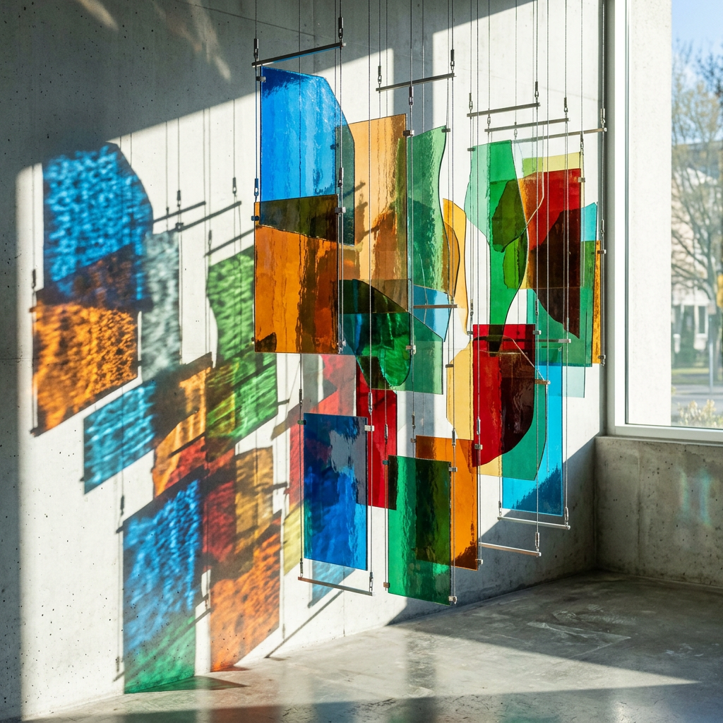Suspended colored glass panels creating vivid reflections on wall